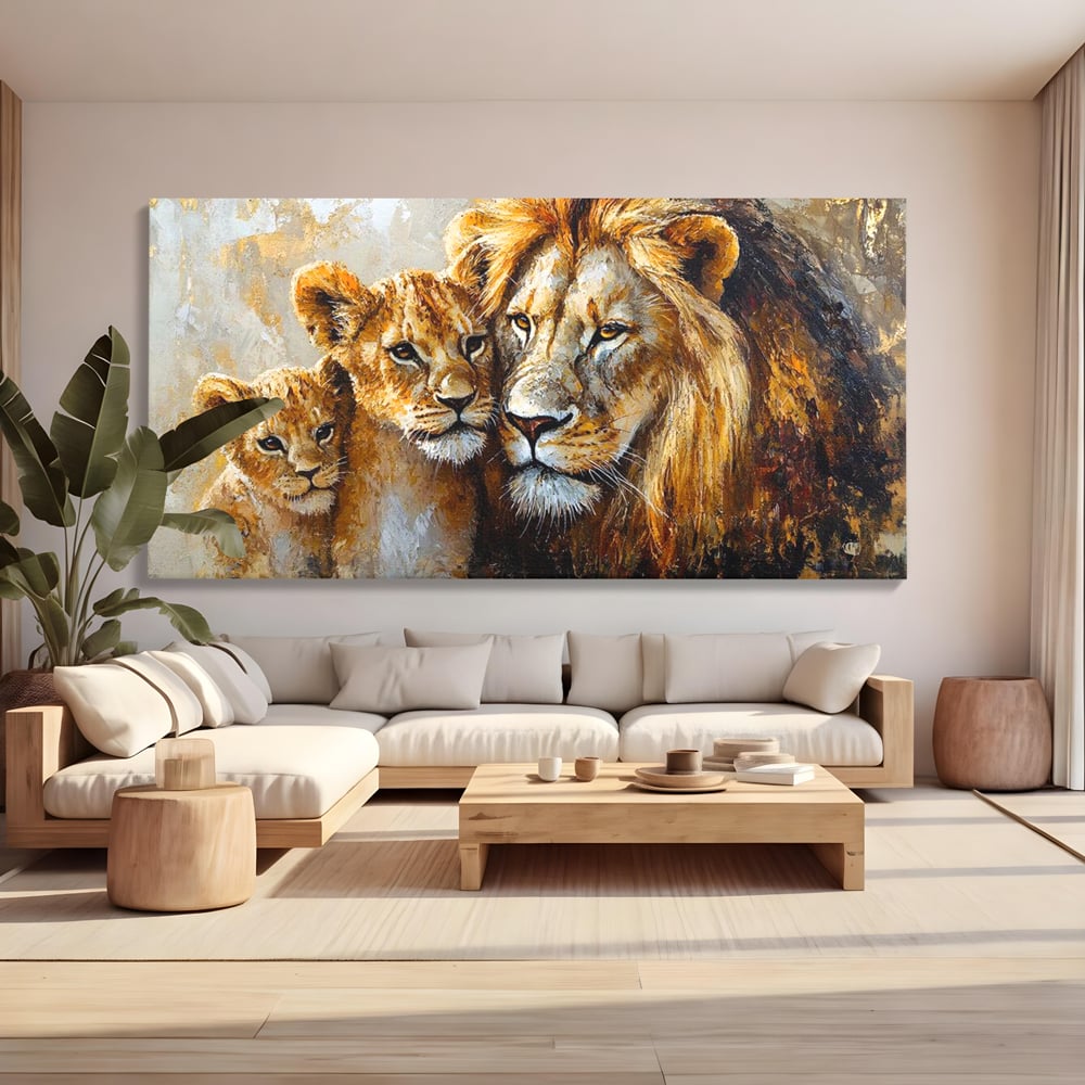 Tablou canvas cu tablou cu leu adult si doi pui, fara rama, pe sasiu de lemn, pe perete intr-un living